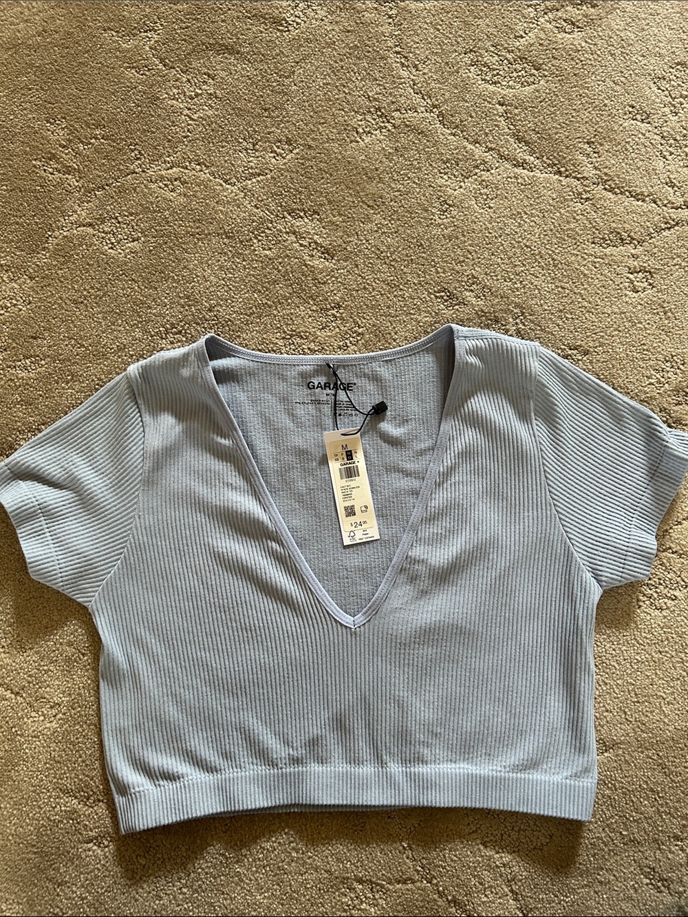 Garage Powder Blue Ribbed V-Neck Cropped Tee
